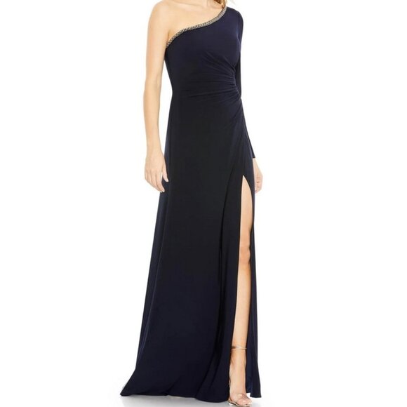 Mac Duggal Midnight Blue One-Shoulder Long Sleeve Beaded Jersey Gown